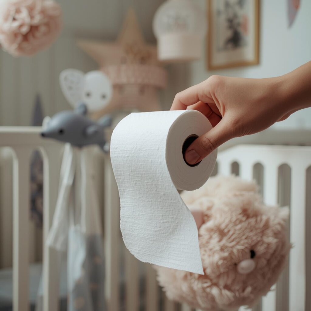 A baby’s nursery with a parent holding ultra-soft, hypoallergenic toilet paper,
