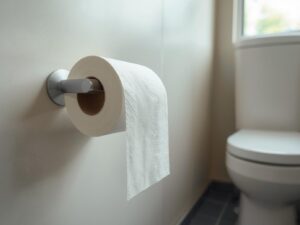 A realistic bathroom scene showing a standard toilet paper roll on a wall-mounted holder,