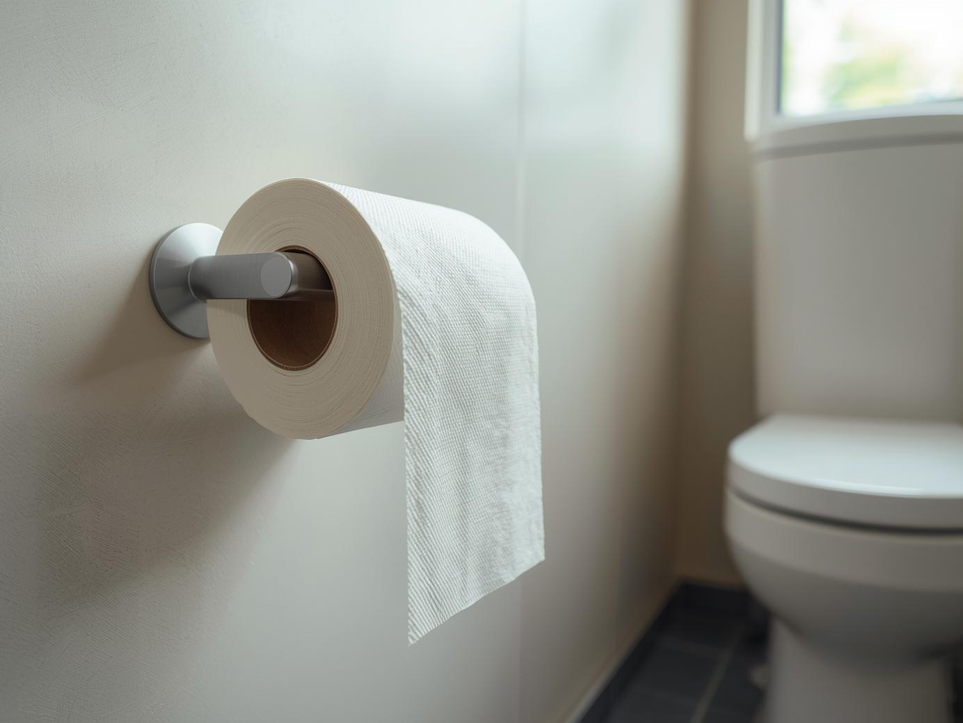 A realistic bathroom scene showing a standard toilet paper roll on a wall-mounted holder,
