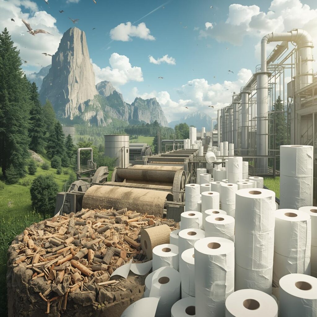 A realistic educational illustration showing how toilet paper is made from wood pulp,