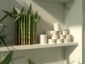 Bamboo and recycled toilet paper rolls displayed on a clean bathroom shelf,