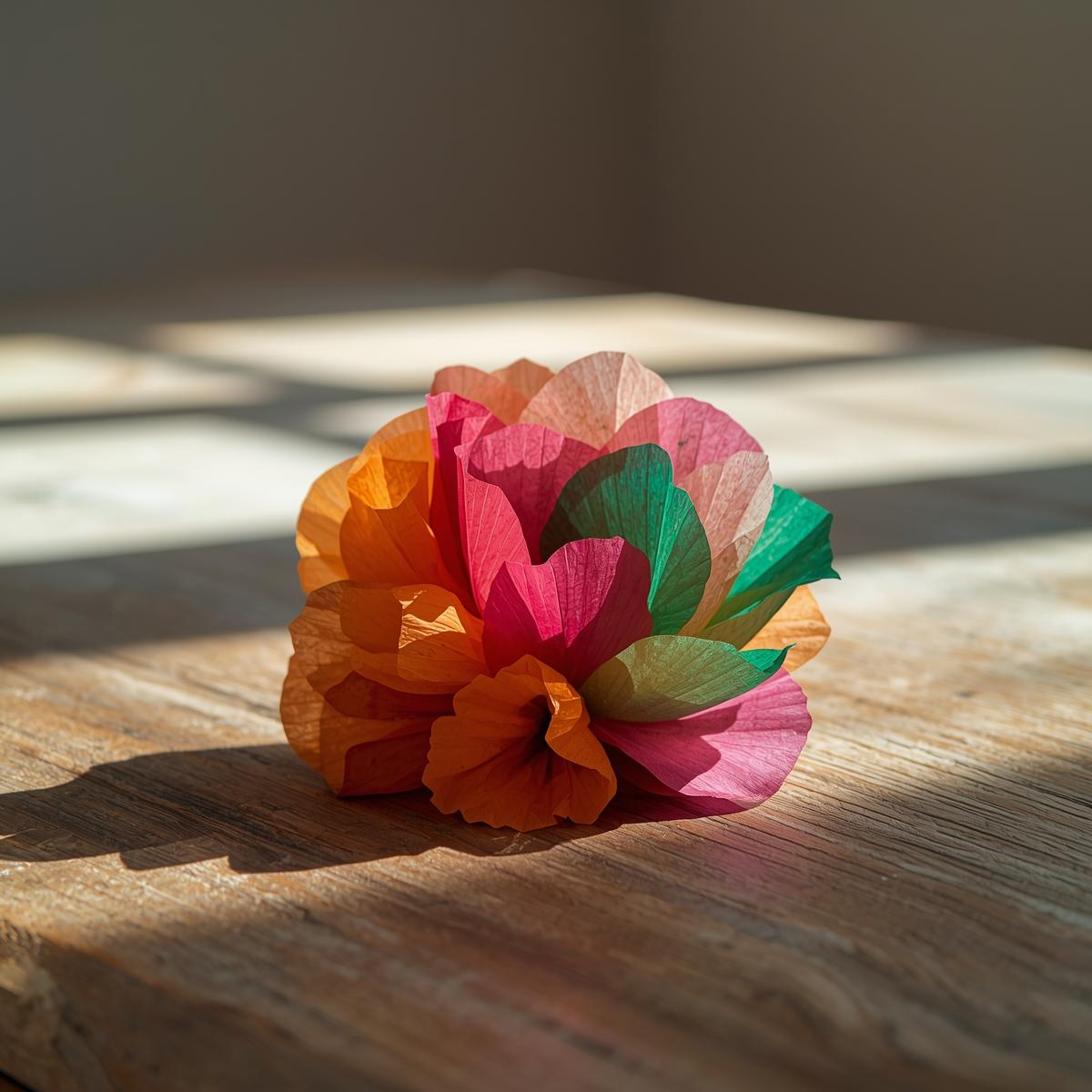 A bright and colorful handmade tissue paper flower placed on a simple wooden table, soft natural light,