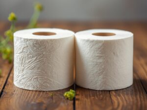 “A comparison of luxury and budget toilet paper rolls, showing texture, softness,