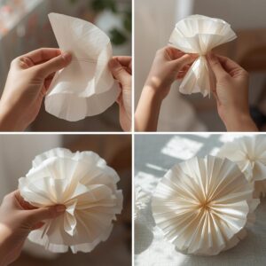 Step by step process of making a tissue paper flower, tissue paper sheets folded like a fan,